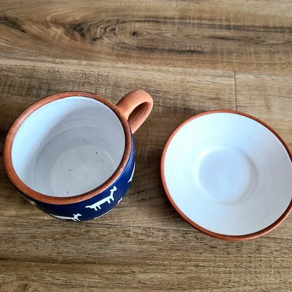 Peru red clay handmade hand painted tea/coffee cup with saucer. - Picture 3 of 6